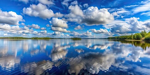 Panoramic view of a northern lake with blue sky and clouds Macro