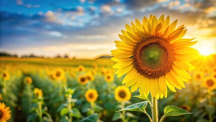 Fototapeta premium Panoramic view of a single sunflower with a blurred background of another sunflower field
