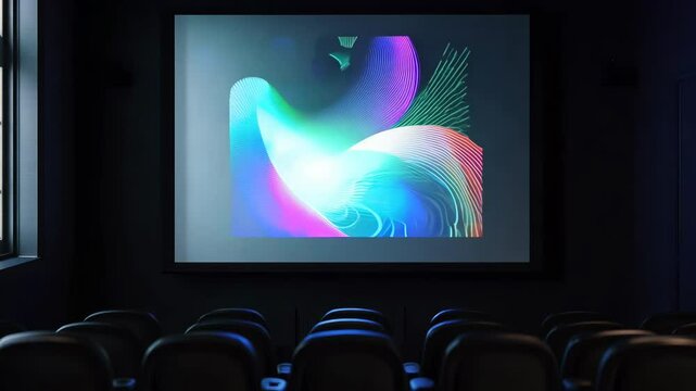Abstract Digital Art on Screen in Dark Conference Room for DeepMind AI and Modern Tech Presentation