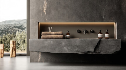 Modern bathroom interior with stone sink, stacked towels, and toiletries against a textured wall, featuring large window with outdoor view.