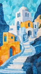 Colorful geometric mosaic of a hillside village with staircases and white buildings against a mountainous backdrop.