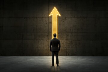 Obraz premium Businessman looking at an illuminated arrow on a wall, symbolizing growth and direction.