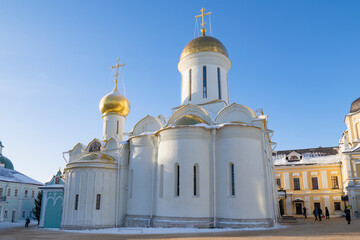 Fototapeta premium The medieval Cathedral of the Life-Giving Trinity on a sunny January day. Holy Trinity Sergius Lavra, Sergiev Posad. Moscow Region, Russia