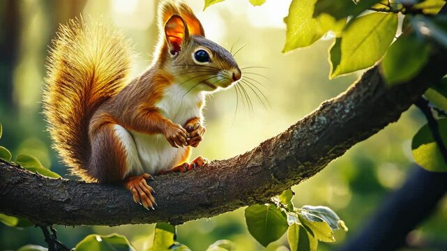 A squirrel sits on a tree branch, its bushy tail fluffed out in the warm afternoon sunlight