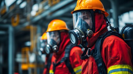 A macro view of fire-resistant suits and self-contained breathing apparatuses (SCBA) in a petrochemical plant.