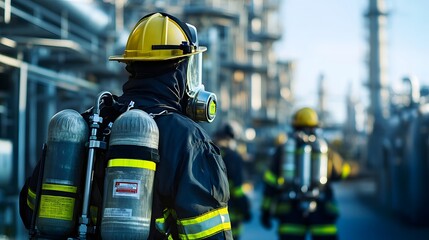 A macro view of fire-resistant suits and self-contained breathing apparatuses (SCBA) in a petrochemical plant.