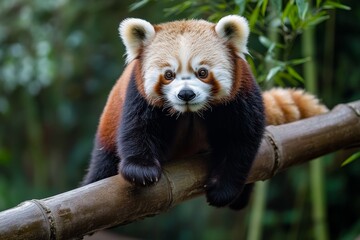 Fototapeta premium Red pandas climbing bamboo stalks, their fluffy tails trailing behind them as they navigate their forested enclosure
