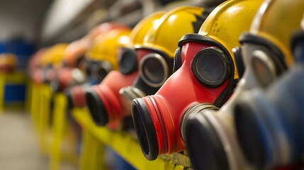 A close-up of gas masks and fireproof hoods stored at emergency safety stations in a petrochemical plant.