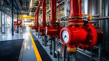 Fire suppression systems and safety alarms installed near high-pressure equipment in a petrochemical plant.