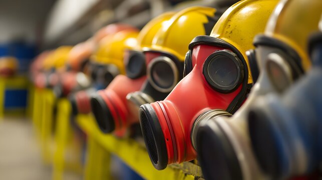 A close-up of gas masks and fireproof hoods stored at emergency safety stations in a petrochemical plant.