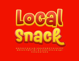 Vector funny label Local Snack. Yellow and Red Bright Font. Artistic Handwritten Alphabet Letters and Numbers set.