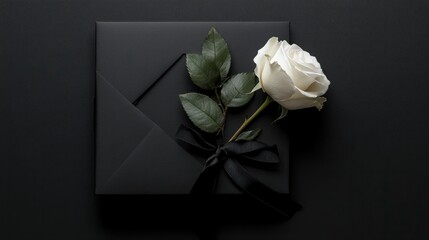 Monochrome wedding invitation mockup on matte black paper, featuring white typography and minimalist design, styled with a single white rose and black ribbon