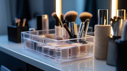 Makeup organizer with brushes and foundations displayed