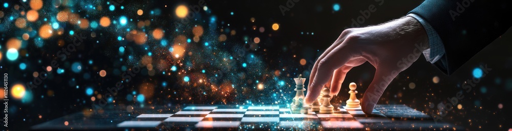 Poster A hand moves chess pieces on a board, surrounded by a sparkly, mystical background.