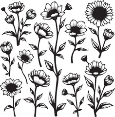 Black and White Floral Vector Designs | Elegant Flower Illustrations Set