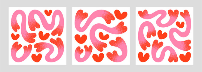 Fototapeta premium Valentine's day abstract hand drawn surreal trendy illustrations, backgrounds set. Fluid organic shape blobs, hearts, squiggles, wavy doodle stripes inscribed in a square. Dotwork stipples shading.