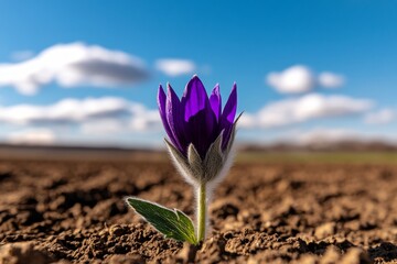 Obraz premium Single Pulsatilla flower in a field of empty space, highlighting the beauty and solitude of the delicate bloom