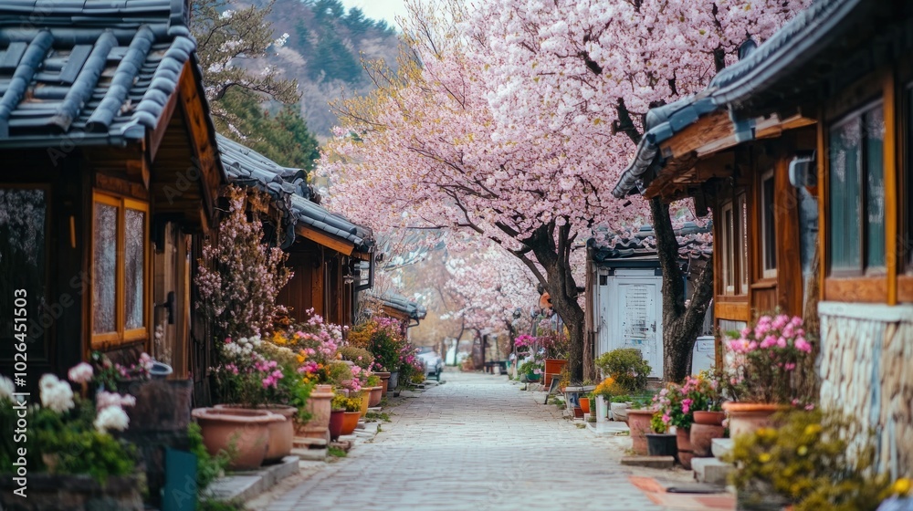 Canvas Prints A serene pathway lined with traditional houses and cherry blossoms in full bloom.