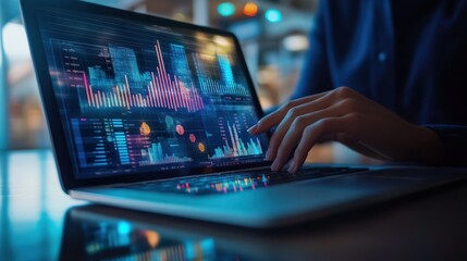 Professional working on a laptop and tablet with overlaying digital graphs and charts, perfect for business, technology, and finance-themed projects, highlighting modern data analysis