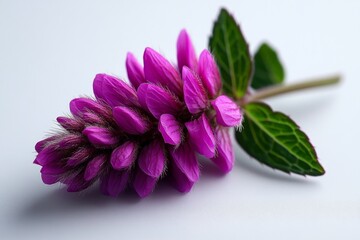 Single red dead-nettle flower in focus, set against a plain white background, highlighting the delicate purple petals and fuzzy leaves with minimal distractions