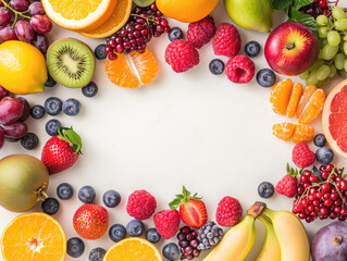 A vibrant array of fresh fruits, including oranges, bananas, and berries, arranged artistically around a blank space, perfect for a healthy theme.