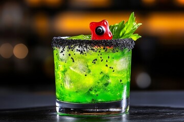 Slime-green margarita, complete with a black salt rim and a gummy eyeball garnish, giving the illusion of a toxic yet tempting cocktail