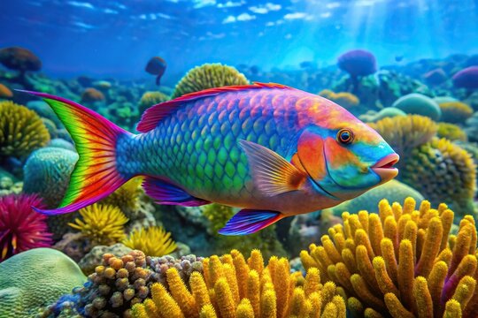 Panoramic view of colorful wild parrotfish swimming in Caribbean Sea in Guadeloupe