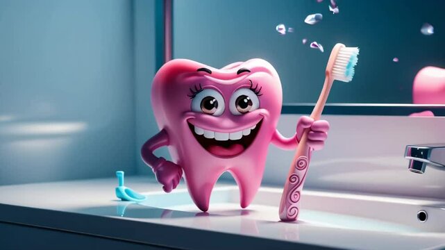 cute funny cartoon tooth character with toothbrush in bathroom