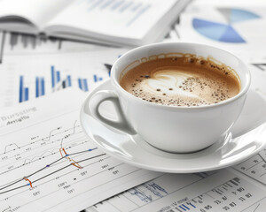 A coffee cup sits on financial documents, symbolizing a blend of productivity and analytics in a professional setting.