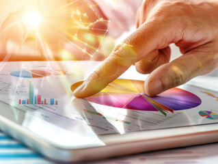 A person’s finger taps on a digital tablet displaying colorful graphs and charts, representing data analysis and modern technology.