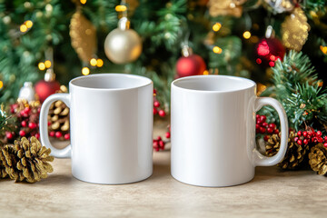 Two white coffee mug mockups, Christmas-themed background, Christmas tree and decorations in background Mock up