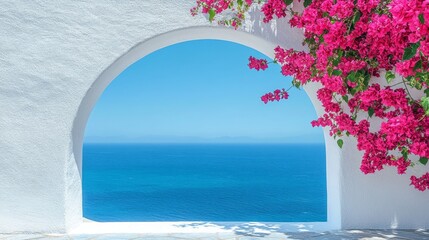 White Wall Archway Framing Blue Sea and Pink Bougainvillea