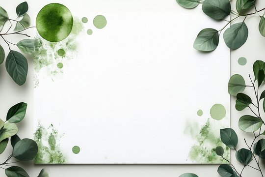 Elegant -based blank white card with artistic green decorations and abstract watercolor elements