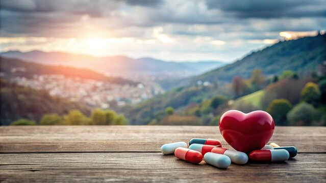 Panoramic view of Digoxin heart medication pill on wooden table