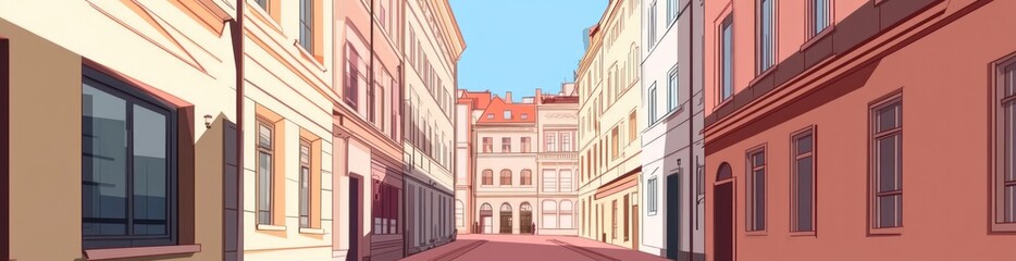 Fototapeta premium A serene street scene with colorful buildings and a clear blue sky.