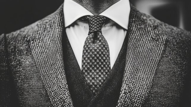 A black and white close-up of a man's suit collar and tie, evoking elegance and formality in a simple yet refined way.