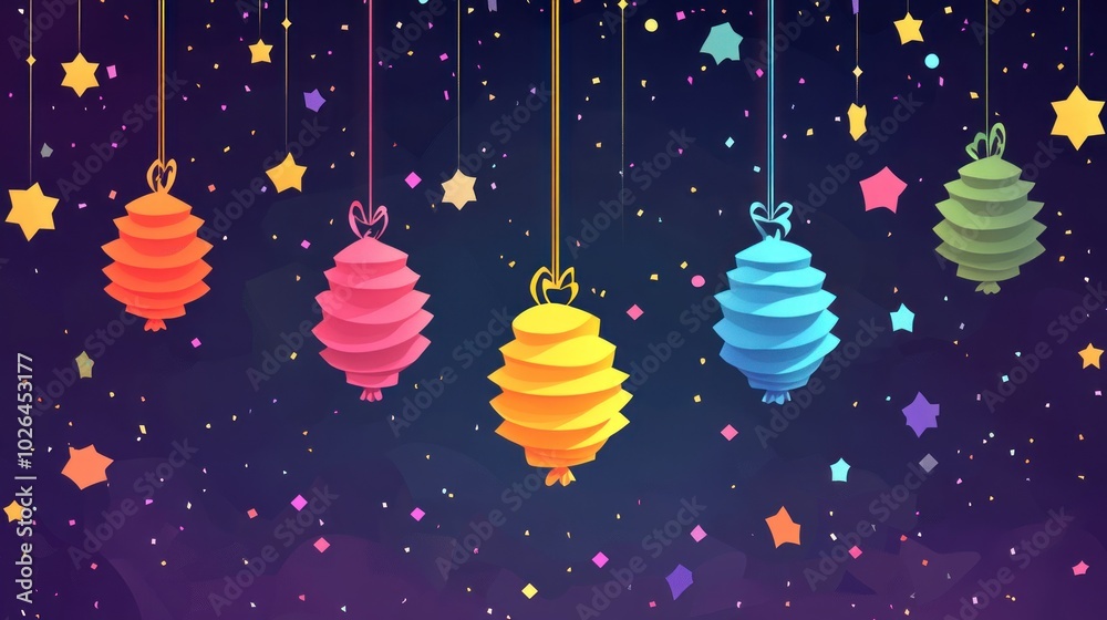 Canvas Prints Colorful lanterns hanging against a starry background, creating a festive atmosphere.