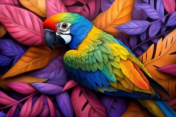 Obraz premium Watercolor illustration of a colorful parrot in a tropical aviary, with bright, bold colors blending to create a vibrant, exotic atmosphere