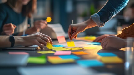 Obraz premium Team hands working with sticky notes on table, creative meeting concept, blurred background. Generative AI