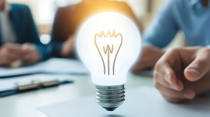 Innovative idea represented by a glowing light bulb in a business meeting setting, emphasizing creativity and brainstorming.