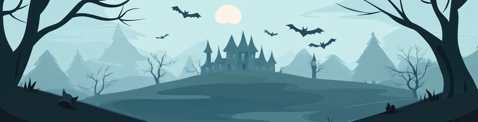 A spooky landscape featuring a haunted castle under a full moon with bats flying.