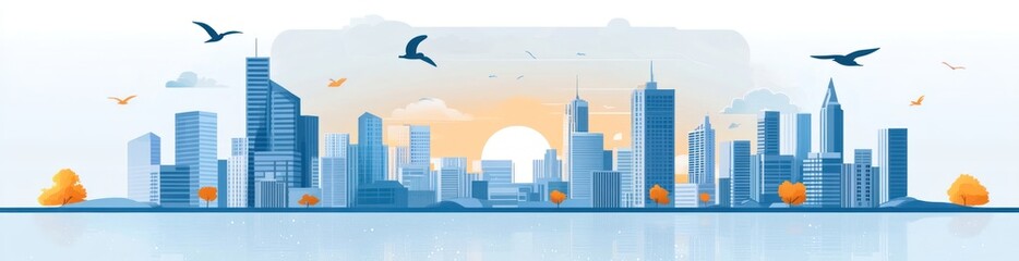 A stylized city skyline at sunrise, featuring buildings and birds in a serene atmosphere.