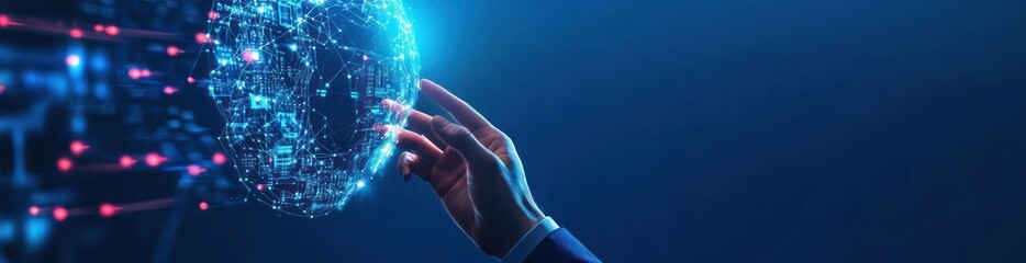 Fototapeta premium A hand reaching towards a digital brain, symbolizing AI and technology interaction.