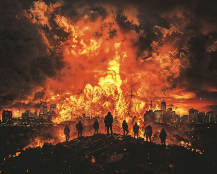 Apocalyptic cityscape engulfed in flames and explosions, silhouettes of people watching destruction from hilltop. Epic and cinematic image for the background of an armagedon wallpaper