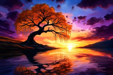 Watercolor scene of a willow tree at sunset, with warm oranges and purples reflecting off the water, and the treeâ€™s silhouette gently swaying in the evening breeze