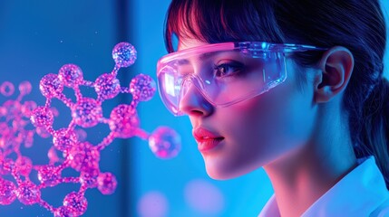 Profile of a young woman in glasses observing molecular structures against a vibrant blue background.