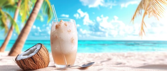 Refreshing coconut drink with a tropical beach backdrop, perfect for summer vibes and relaxation.
