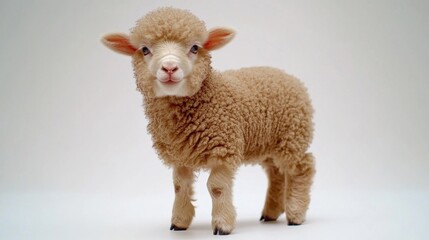 Fototapeta premium A cute light brown baby sheep standing on a white studio background, highlighting its fluffy coat and adorable features.