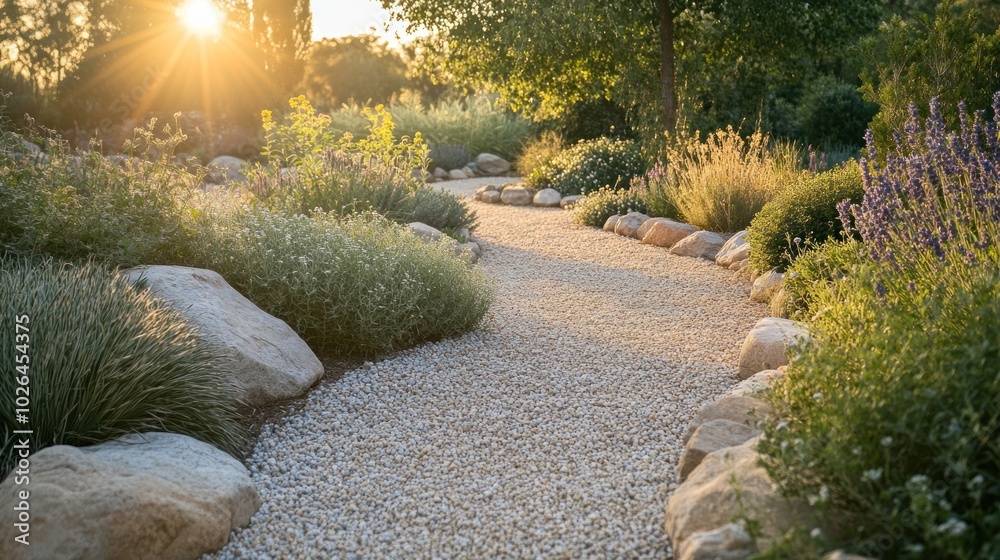 Wall mural A serene garden path winding through lush greenery and blooming flowers at sunset.