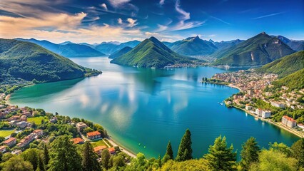 Naklejka premium panoramic view of Lake Lugano with Porto Ceresio and Morcote